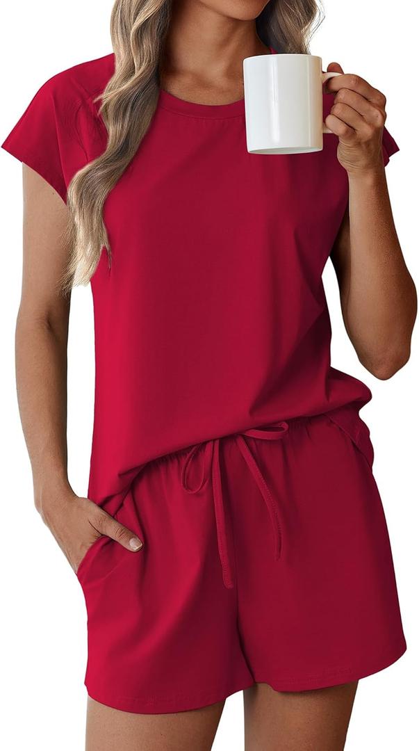 Ekouaer Cotton Pajamas for Women Set 2 Piece Cap Sleeve Pjs Shorts Set Lounge Sets Sleepwear S-XXL (Medium, Wine Red)