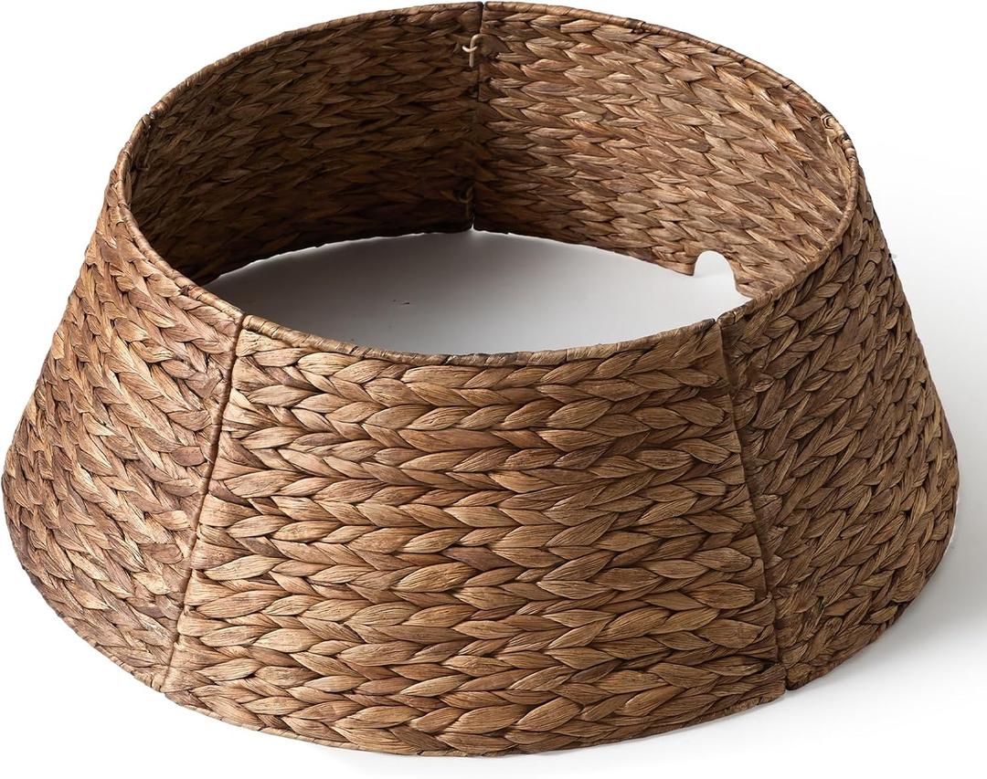 28 In Christmas Tree Collar - Woven Hyacinth Tree Collars For Artificial Trees - Rattan Rustic Farmhouse Basket For Tree Base Cover With Cord Cut-Out For 6 Ft 7.5 Ft Tree (Brown)