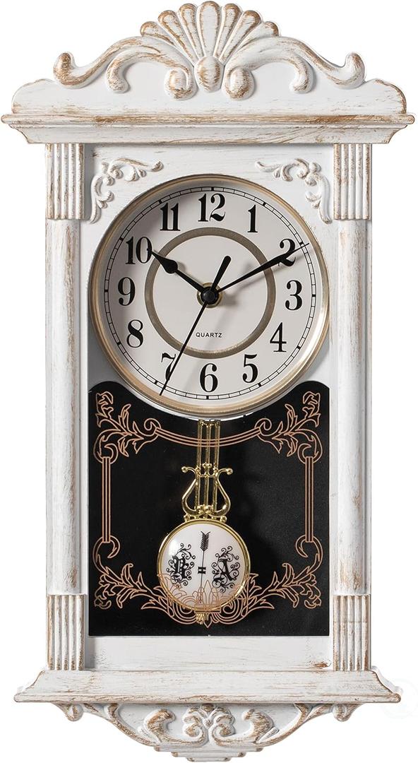 Clockswise Vintage Grandfather-Style Wall Clock with Wood-Effect Plastic Pendulum Battery-Operated for Home Decor Living Room Home Office Kitchen or Dining Room (White, 16 Inch)