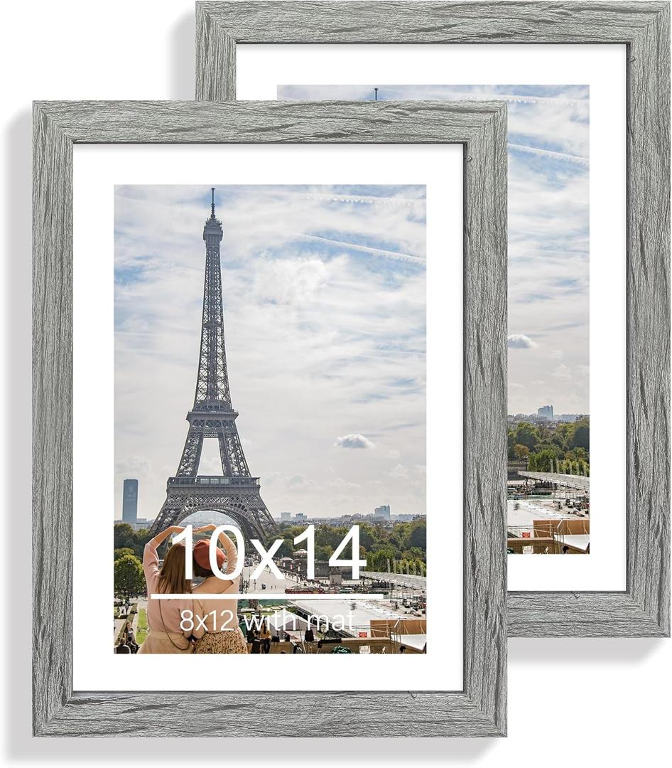 Hongkee 10x14 Picture Frame Set of 2, Made of Glass and Rustic Grey Wooden Frame, Display 8x12 Pictures with Mat or 30 x 40cm Diamond Painting Art without Mat for Wall Mounting, Gallery Photo Frames