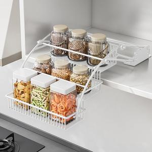 3-Tier Pull Down Spice Rack Organizer for Inside Cabinet Expandable Display Riser Shelf Seasoning Shelf (10.8IN/White)