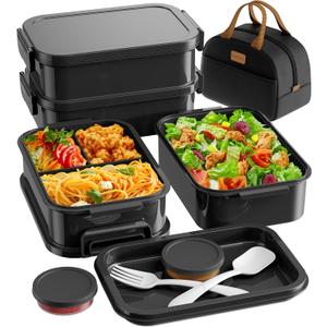 KEMETHY Adults Bento Lunch Box Set with Thermo Bag, 74oz Stackable Leak-proof 3-tiers Bento Box, Built-in Utensil and Sauce Container for Work, School, Dining Out (Black)