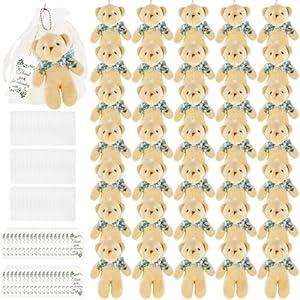 Haconba 36 Pack Mini Plush Teddy Bear Stuffed Animals Toy with 40 Thank You Tags and 40 Mesh Bags for Boy Girls Gender Reveal Baby Shower Birthday Party (Color Set 1)