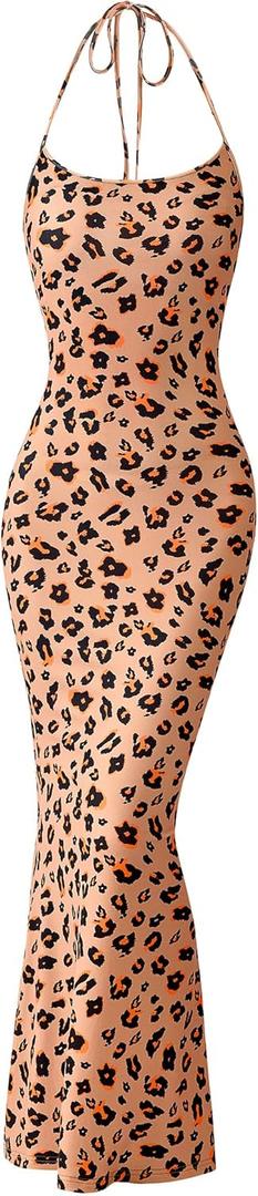 PRETTYGARDEN Maxi Dresses for Women 2025 Summer Halter Leopard Print Backless Sexy Bodycon Cocktail Beach Long Dress (Pink, L)