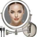 Rocollos Rechargeable Wall Mounted Lighted Makeup Mirror, 8 Inch Double-Sided LED Vanity Mirror 1X/10X Magnification,3 Color Lights Touch Screen Dimmable 360Swivel 13 Inch Extendable