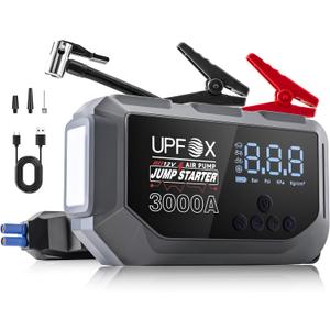3000A Jump Starter with Air Compressor 12V, 44.4Wh Portable Car Jump Starter for 8.0L Gas & 6.0L Diesel Engines, 150PSI Tire Inflator with LED Display, Emergency Jump Box with Jumper Cables