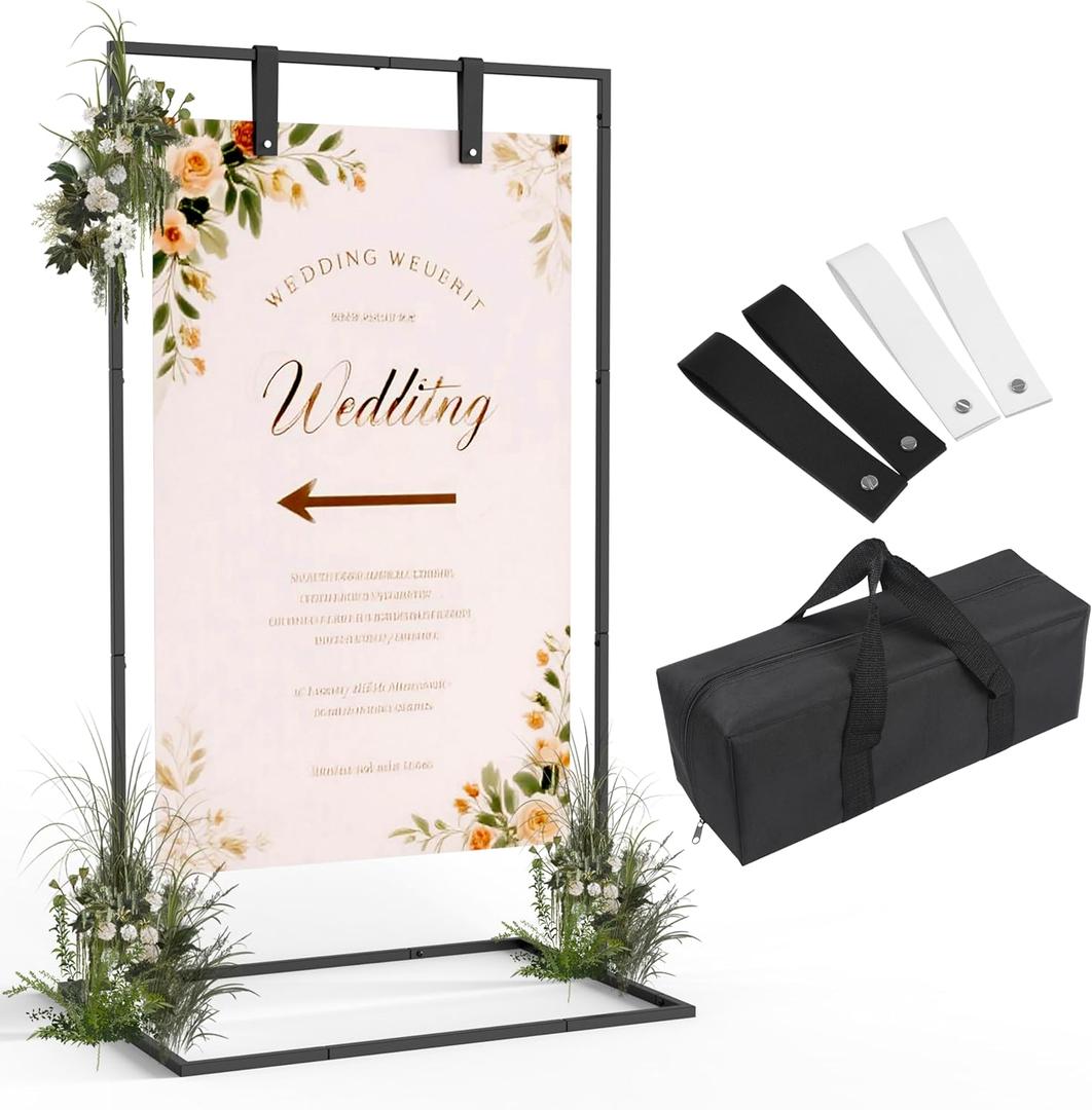 Wedding Sign Stand, Black Wedding Welcome Sign, Wedding Sign Holder with Storage Bag and Leather Sign Hanging Straps, Easel Stand for Sign, Welcome Sign for Party