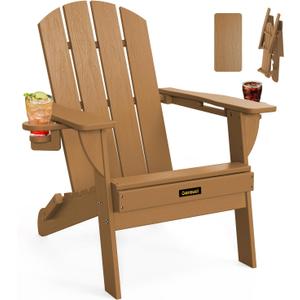 Folding Adirondack Chair, Wooden Textured Plastic Adirondack Chairs with 2 Cup Holder, Weather Resistant HDPE Fire Pit Chair, Outdoor Patio Chairs for Garden, Backyard, Lawn, Deck, 380LBS, Teak (1 Pack)