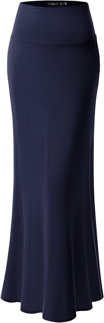 URBAN K Womens Basic Foldable High Waist Regular and Plus Size Maxi Skirts (Medium, Navy)