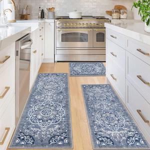 Ileading Boho Kitchen Rugs Sets 3 Piece with Runner Floral Kitchen Floor Mat Carpet Farmhouse Kitchen Rugs and Mats Non Skid Washable Runner Rug for Kitchen Floor Office Sink Laundry, Blue (20"x32"+20"x48"+20"x59")