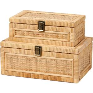 2PCS Rattan Box with Lid Decorative Natural Handmade Boho Baskets Woven Wicker Cane Bins Keepsake Memory Jewelry Boxes Rectangular Desk Shelf Closet Organizer Container (1 Large 1 Small)