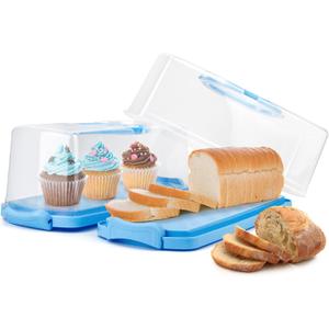 2-Pack Plastic Rectangular Bread Box with Clear Lid, Loaf Cake Keeper, Portable Bread Keeper Storage Container with Handle (Blue)