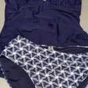Yonique Womens Two Piece Swimsuits Tummy Control Tankini Plus Size Bathing Suit Halter V Neck Swimwear (Medium, Blue Geometric)