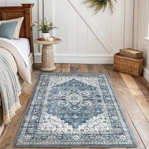 AMADA HOMEFURNISHING 3x5 Washable Area Rug, Low-Profile Entryway Rug with Non-Slip Backing & Durable Edge Binding, Vintage Rugs for Bedroom, Entryway & Kitchen (Blue)