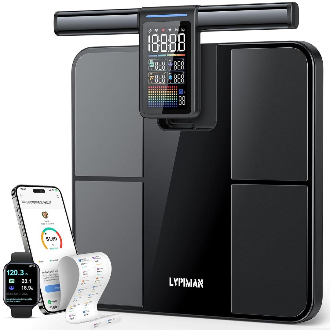 Smart Scale for Body Weight and Fat, 56 Body Composition Metrics, BMI, Muscle Mass, 7-Electrode Digital Bathroom Scale, 485lbs Capacity, with 5.25-Inch VA Color Screen & Retractable Handle