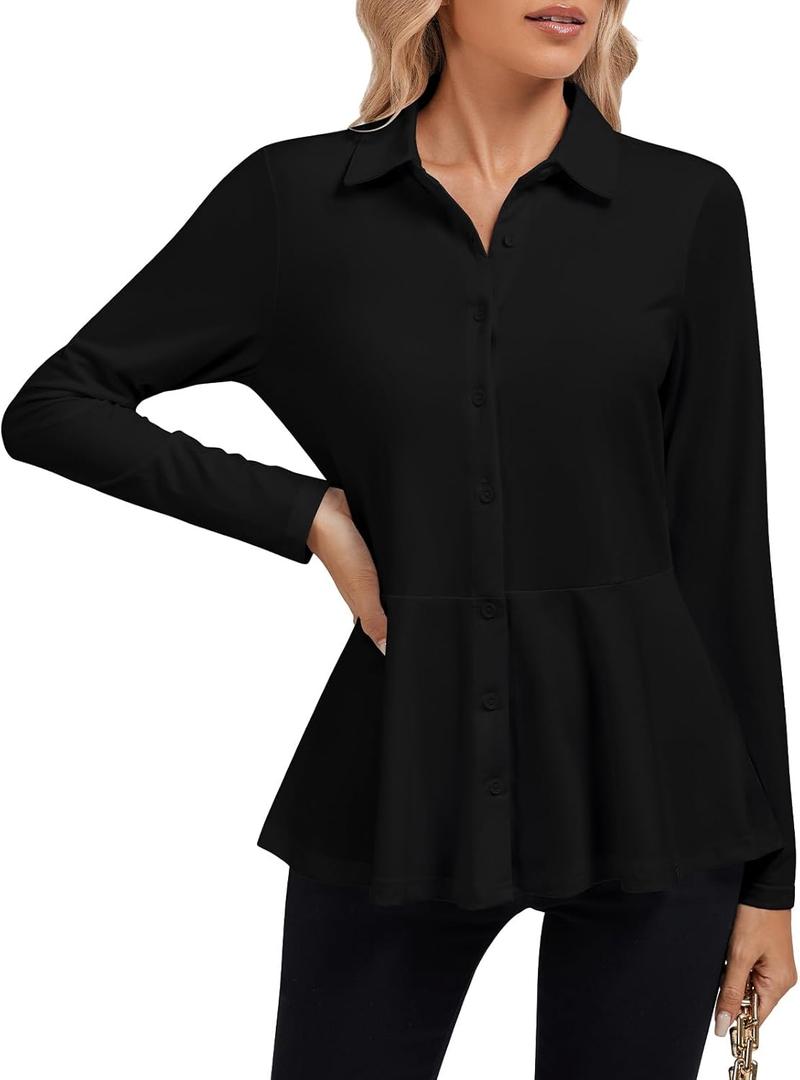 Soneven Long Sleeve Button Down Shirts for Women Loose Fit Tunic Dressy Casual Collared Blouses Peplum Business Work Tops (Large, Black)