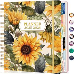CAGIE 2026 Planner Weekly and Monthly  January - December 2026 Calendar, Hardcover Spiral Bound, 13 Monthly Dividers Tabs, Stickers, 8.3 x 9.3 Inch, Women Sunflower Planner Agenda For Work, Family Affiar, Personal