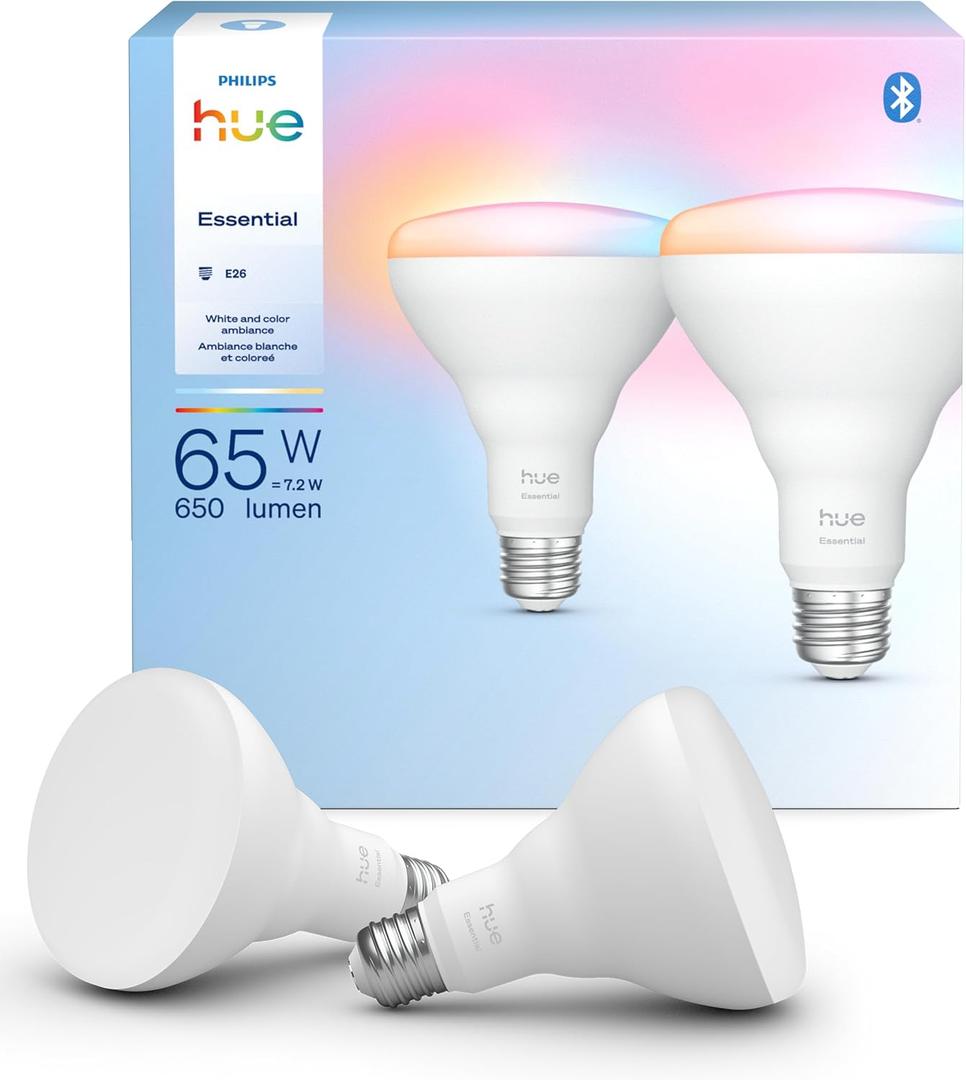 Philips Hue Essential Smart LED BR30 Bulb 2-Pack, White and Color Ambiance, E26, 7.2W, 2200K-6500K, 650 Lumens, Dimmable, Works with Alexa, Google Assistant, Apple Home