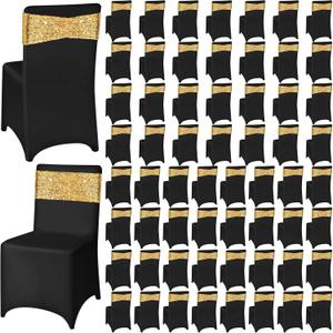 Chumia 120 Pcs Chair Covers and Sashes, Stretch Spandex Chair Covers with Shiny Sashes for Wedding Party Banquet Dining Decor(Black, Gold)