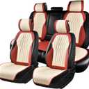 BWTJF Car Seat Covers, Front and Rear Seat Protector for Cars Waterproof Non-Slip, Leather Seat Protector Universal Fit for Suvs,Vans,Trucks (WineRed&White, Full Set)