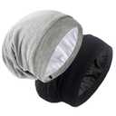 Silk Satin Lined Bonnet Sleep Cap - Adjustable Stay on All Night Hair Wrap Cover Slouchy Beanie for Curly Hair Protection for Women and Men - Black & Light Grey