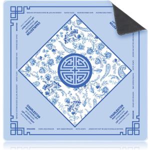 Mahjong Mat with Rules Non-Slip Noise Reduction Chinoiserie Gaming Mat Multi Purpose Game Table Cover for Mahjong Card Board Tile Games(Blue,32 x 32 Inch)