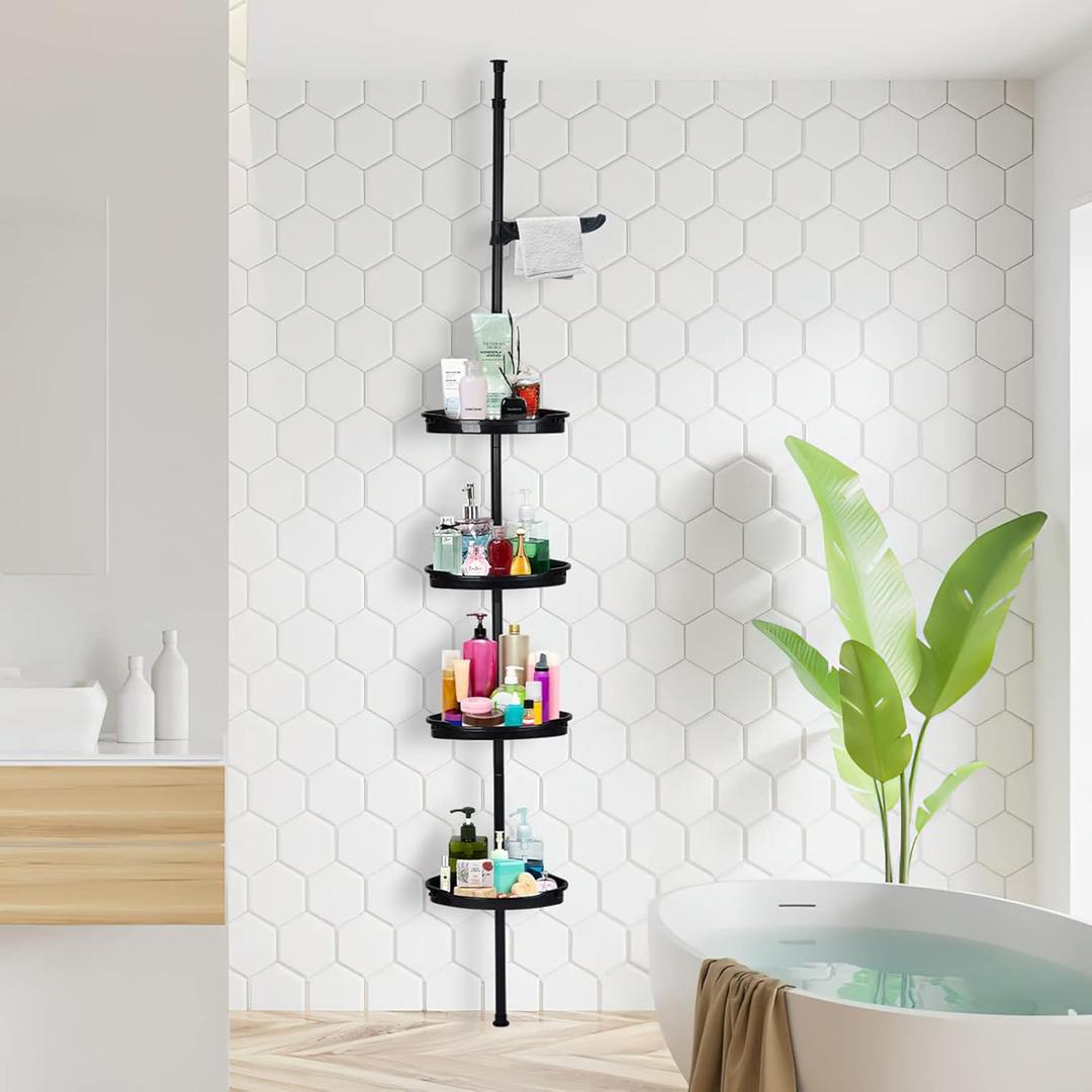 LinTimes Corner Shower Caddy Tension Pole -4-Tier Rustproof Standing Bathroom Shower Organizer Shelves with Quick Install for Bathtub Shampoo Accessories Storage, 39 to 113 Inches Adjustable - Black