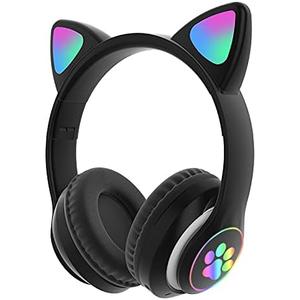 Kids Bluetooth Wireless Over-Ear Cat Ear Headphones with Microphone for Kids Teens Adults (Black)