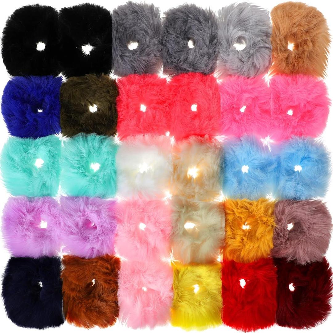 WILLBOND 30 Pieces Fuzzy Scrunchies Bulk Pompom Ball Elastic Hair Ties Fluffy Ponytail Holders Band for Women Hair Accessories, 21 Colors