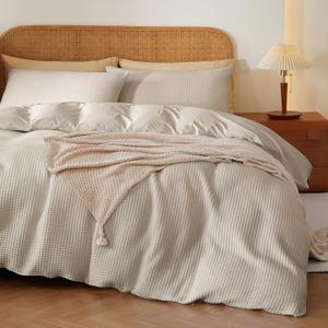 100% Egyptian Cotton Duvet Cover Set Queen Size, Waffle Weave Duvet Cover, 600 TC Soft Breathable Luxury Bedding Set for All Season, 3 PCS, 1 Duvet Cover and 2 Pillowcases, Light Beige (No Comforter), Queen (90" x 90")