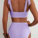 Herseas Women's Tie Shoulder Bikini Sets 2 Piece Striped Swimsuits High Waisted Bathing Suits (Purple, Large)