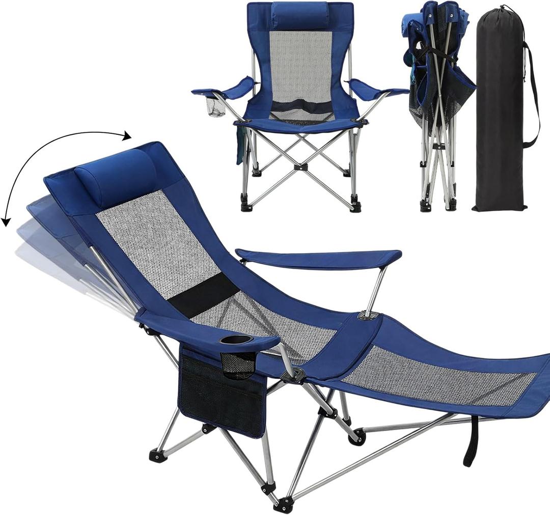 Briwooody 2-in-1 Reclining Camping Chair Folding Lounger Mesh Beach Chair with Headrest & Footrest Adjustable Backrest Lightweight for Summer Beaches(Navy Blue)