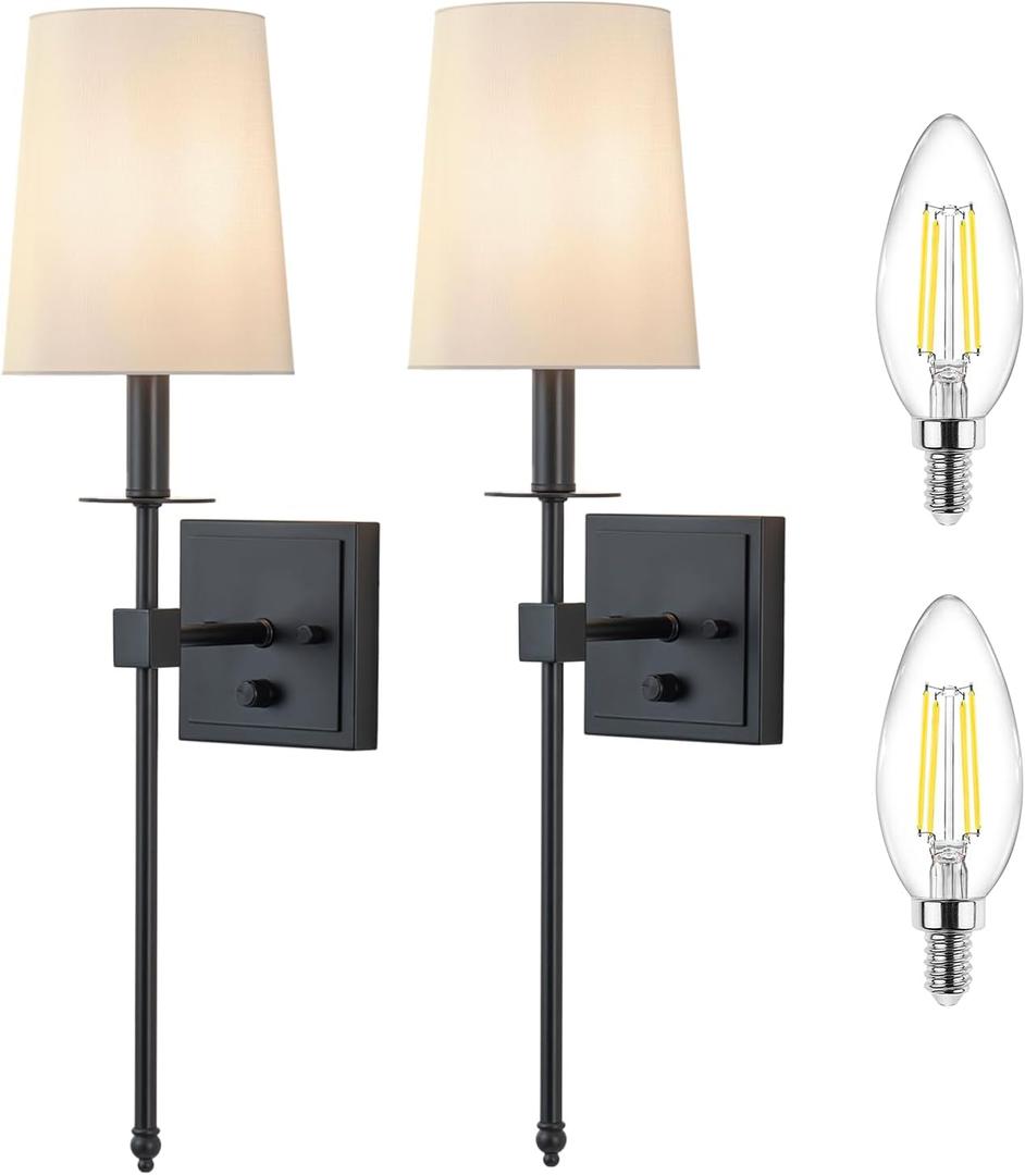 Wall Sconces Sets of 2, Retro Industrial Wall Lamps, Hardwired Bathroom Vanity Sconces Wall Lighting with White Fabric Shade, Indoor Wall Lights for Bedroom Living Room Corridor Black