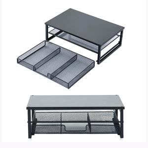 Desktop Monitor Stand with Drawers, 2-Layer Elevated Computer Laptop Riser with Storage, Metal Mesh Organizer Rack for Office