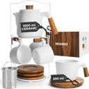 MIAMIO 34 Oz Ceramic Tea Pot Set with Infuser and Cups/Tea Strainer, 2 Ceramic Tea Mugs (10 Oz), Bamboo Saucers/Handle for Home and Office (White)