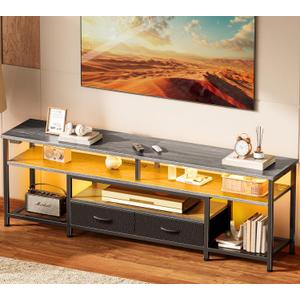 Huuger 63 Inch LED TV Stand for 65 70 Inch TV, Entertainment Center with Open Shelves and Power Outlets, TV Console for Living Room, Media Console with Drawers, Grey, 8779HC