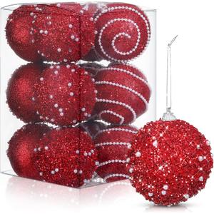 Liliful 12 Pcs Christmas Ball Ornaments Christmas Tree Decorations Shatterproof Foam Glitter Balls Hanging Xmas Tree Ornaments for Home New Year Holiday Indoor Outdoor Party Decor(Red,3.54 Inch)