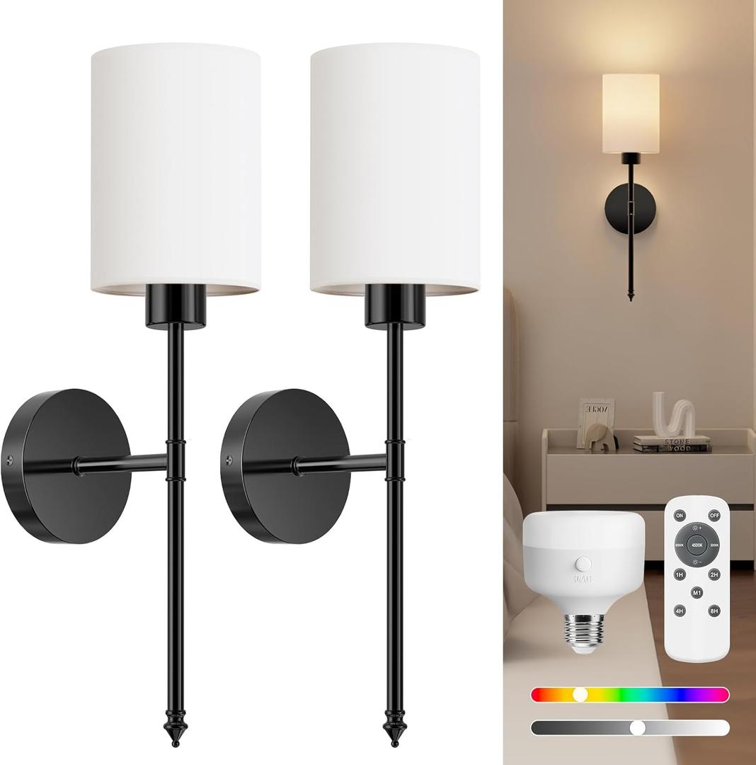 NIORSUN Battery Operated Wall Sconce Set of 2, Black Wireless Rechargeable Wall Lights with 5200mAh Dimmable Detachable Bulbs and Remote, 9 Colors Sconces Wall Decor for Bedroom Living Room Hallway (20.67 inch)