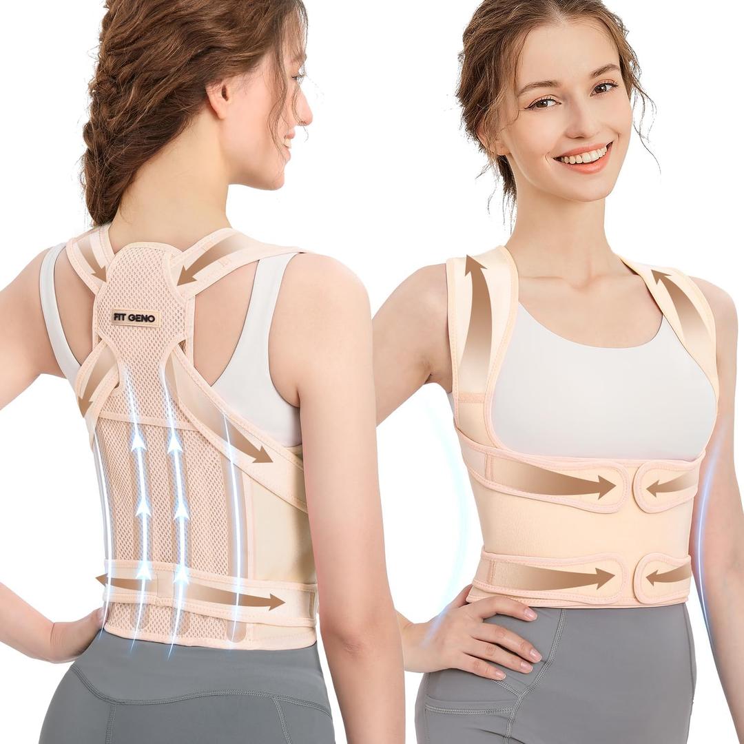 Fit Geno Back Brace Posture Corrector for Men & Women: Shoulder Straightener Adjustable Full Back Support Pain Relief - Scoliosis Hunchback Spine Corrector (Large) (Beige)