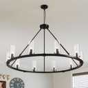 48 Inch Farmhouse Wagon Wheel Chandelier, 10-Lights Black Chandelier with Glass Shade, Large Round Rustic Ceiling Hanging Pendant Lighting Fixtures for Living Room Dining Room Kitchen Foyer Entryway