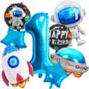 Large Astronaut Space First Balloons Set, Blue Number 1 Space Birthday Balloons Airship Planet Rocket Galaxy Foil Balloons for Outer Themed 1st Party Decorations 8 Pcs