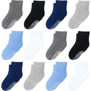 12 Pack Non Slip Kids Toddler Baby Socks with Grips for 1-7 Years Boys Girls Cotton Crew Socks Multi Colors (White/Black/Blue/Dark Blue/Gray/Dark Gray)