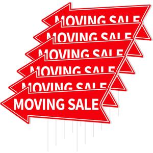 6PCS Moving Sale Signs with Stakes Double Sided Red Moving Sale Directional Arrow Yard Signs 16 x 5'' Corrugated Plastic Waterproof Sign for Garage House Business Personal Use Transaction Event Signs