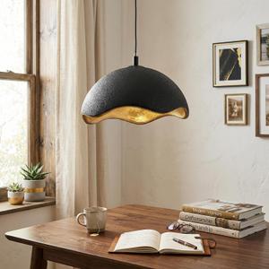 JAYMP 15.7" Modern Pendant Light for Dining Room Kitchen Island Hanging Lamp E26 Base Japanese Wabi-Sabi Style Bird Nest Shape Lighting Fixture, 1 Pack (Black + Gold,D Shape, 40cm/15.7inch)