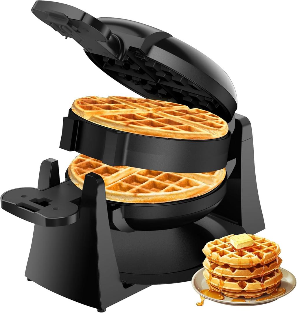 Waffle Maker, 1400W Double Belgian Waffle Iron 180 Flip, 8 Slices, Rotating & Nonstick Plates, Removable Drip Tray for Easy Cleaning, Cool Touch Handles, Space Saving Storage, Black