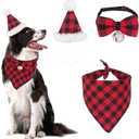 ADOGGYGO Christmas Dog Bandana Hat Bow tie Set - Classic Red Plaid Pet Xmas Scarf Hat Christmas Costume Outfit for Medium Large Dogs Pets (Large)