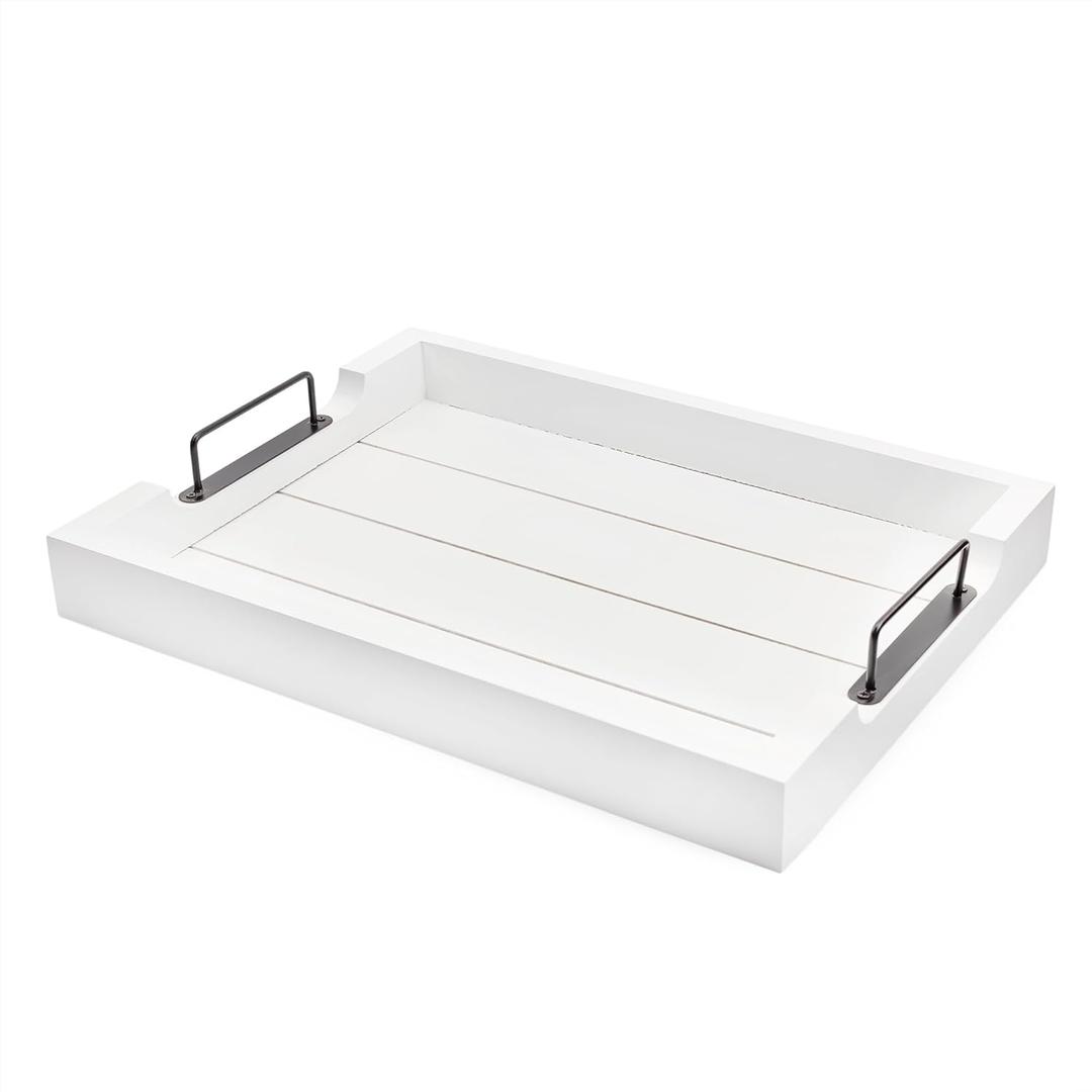 AuldHome Design Rustic Wood Serving Tray (White); Wooden Farmhouse Shiplap Decorative Ottoman Tray w/Black Metal Handles, 16.75 x 12.75 Inches