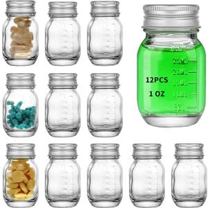 12 PC Glass medicine bottles 1oz 30 ml Glass Reagent Bottles Transparent Sample Jar, Wide Mouth, Screw Cap with Scale for Home, Argent Lid