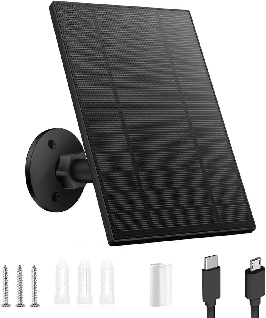 5W Solar Panel for Security Camera, Solar Panel with Micro USB & USB-C Port for DC 5V Outdoor Rechargeable Battery Camera, IP65 Waterproof, 360 Adjustable Security Mount, 9.8ft Cable(Black)