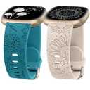 Minyee 2 Packs Floral Engraved Band Compatible with Fitbit Versa 4/Versa 3/Sense 2/Sense Band Women, Cute Silicone Dandelion Sunflower Soft Sport Fancy Summer Strap for Versa 4 (Teal & Starlight)